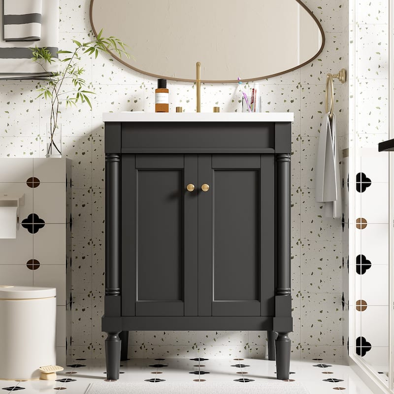 24'' Solid Wood+MDF Bathroom Vanity with Top Sink and Large Storage Shelves - 24" x 18" - Black