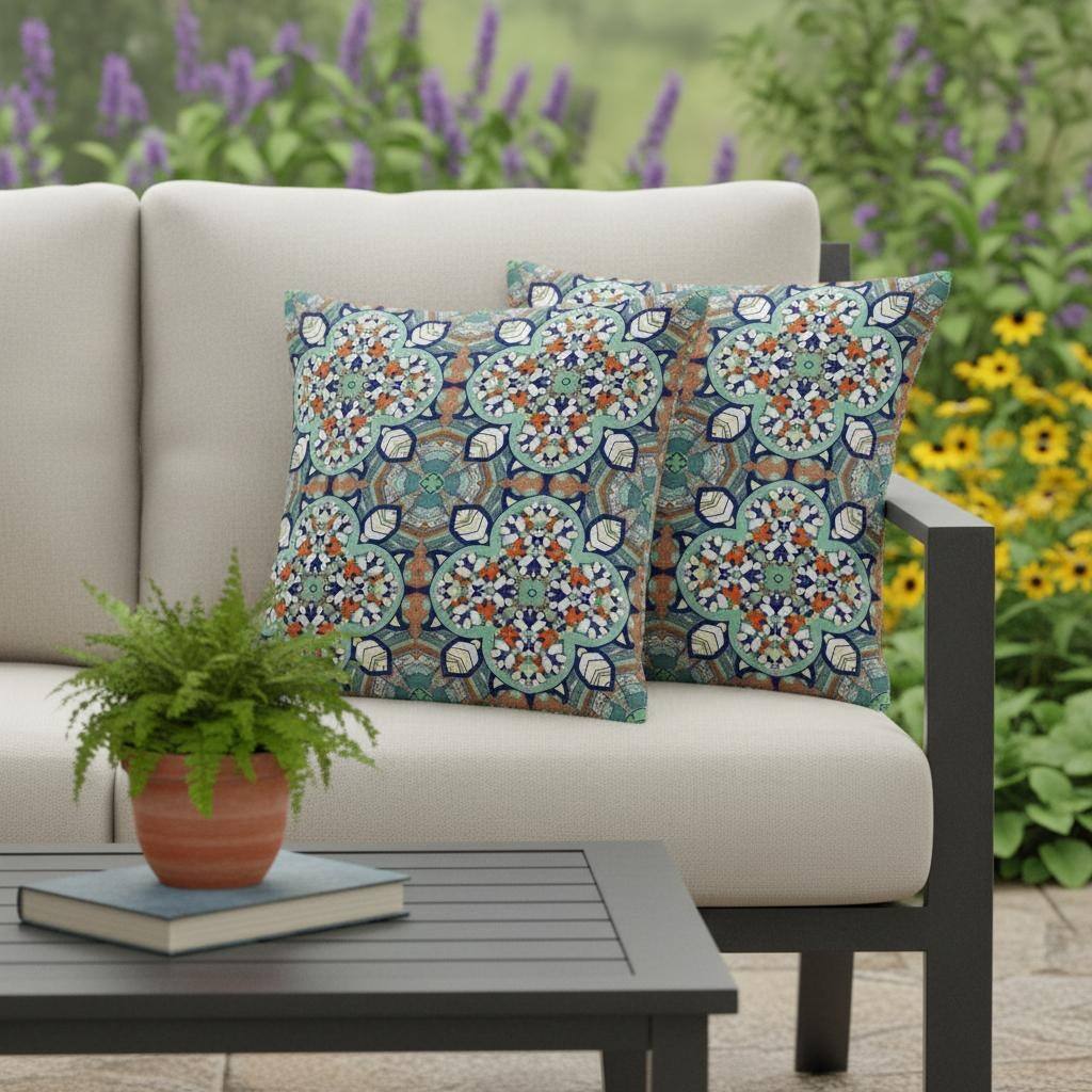 HomeRoots Set of Two 16" X 16" Green and White Blown Seam Floral Indoor Outdoor Throw Pillow - 16.00' X '16.00' X '5.00