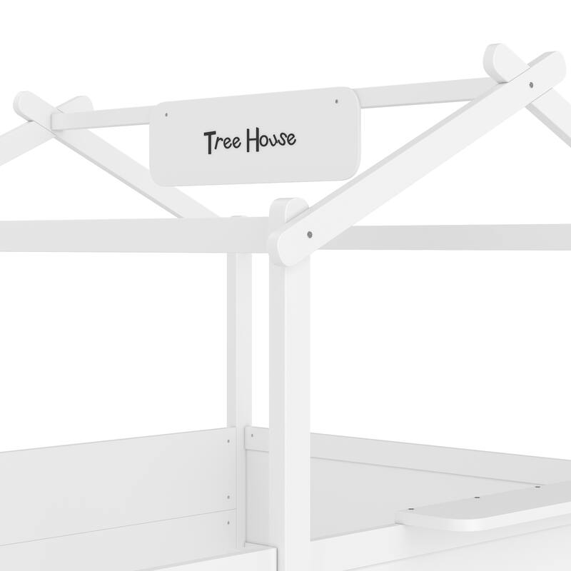 Kids House Floor Bed with Guardrails, Roof & Built-in Tray - Queen/Full/Twin Size, Childlike Design