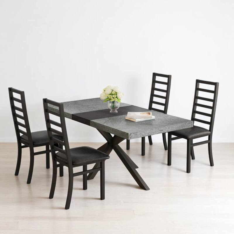 5-Piece Extendable Rectangular Dining Table Set with Storage, High-Back Armless Upholstered Chairs, Metal Frame Kitchen Set - Black+Gery