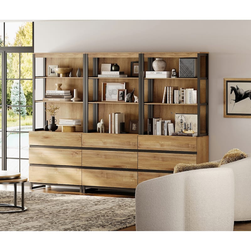 WAMPAT Modern 72" Tall Bookcase with Drawers and Open Book Shelfs, Library Book Shelf for Home Office, Living Room