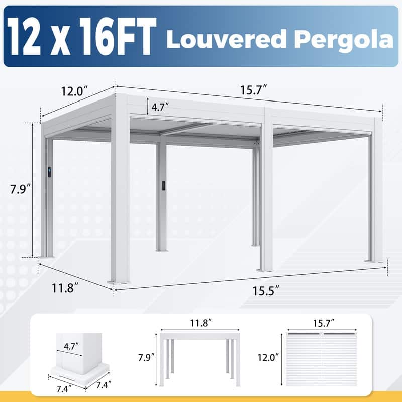 EROMMY Outdoor Louvered Pergola Gazebo with Adjustable Aluminum Rainproof Roof and Pull-Down Screen