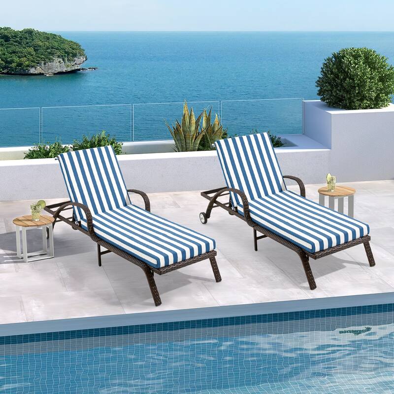 Outdoor Patio Lounge Chair Cushion - Waterproof, UV-Resistant, Striped Design with Removable Cover, Adjustable Straps - 2 Cushions - Blue
