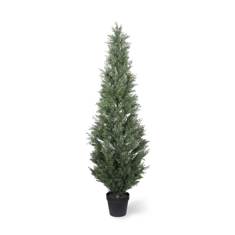 5FT Artificial Cypress Tree in Black Plastic Pot UV Resistant, Realistic Indoor Outdoor Fake Topiary Plant, 1pc/set