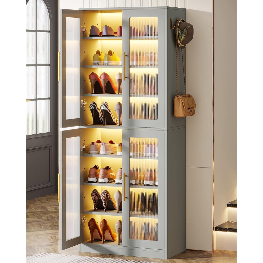 Modern Tall Entryway Shoe Storage Cabinet with Acrylic Doors and LED Light - 8-Tier