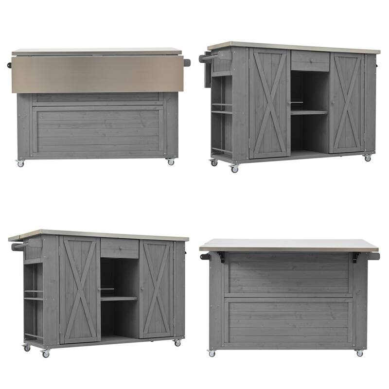 Outdoor Wood Kitchen Island w/ Stainless Steel Top,Towel,Bottle Opener