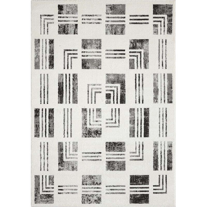 Abani Rugs Nomad Collection NOM140A Cream Grey Checkered Bordered Pattern Geometric Area Rug