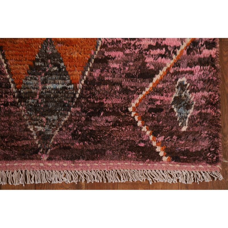 Hand Knotted Oriental 100% Wool Carpet Modern Tribal Pink Moroccan Runner Rug - 9' 10'' X 3' 1''
