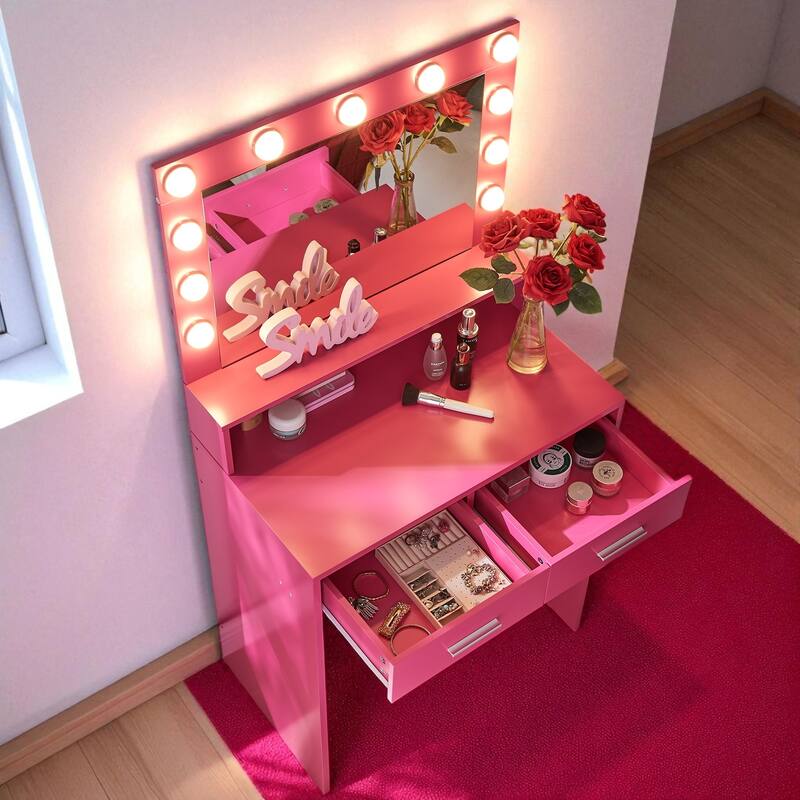 Vanity Desk with Lighted Mirror, Makeup Table with Drawers and 3 Lighting Modes for Bedroom