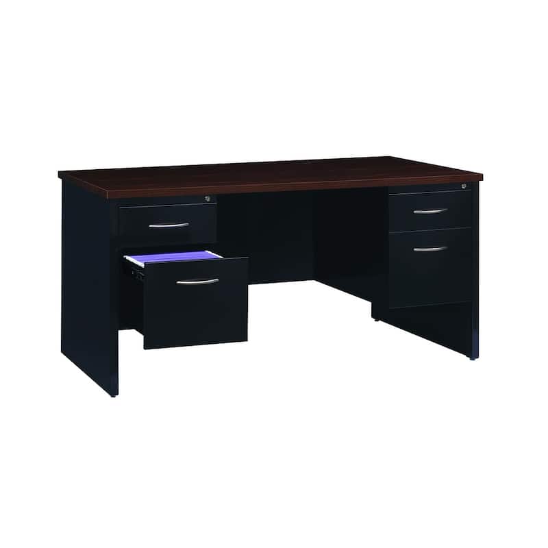 Hirsh Executive Office Modular Double Pedestal File Office Desk, 30" D x 60" W, Black / Walnut - Black