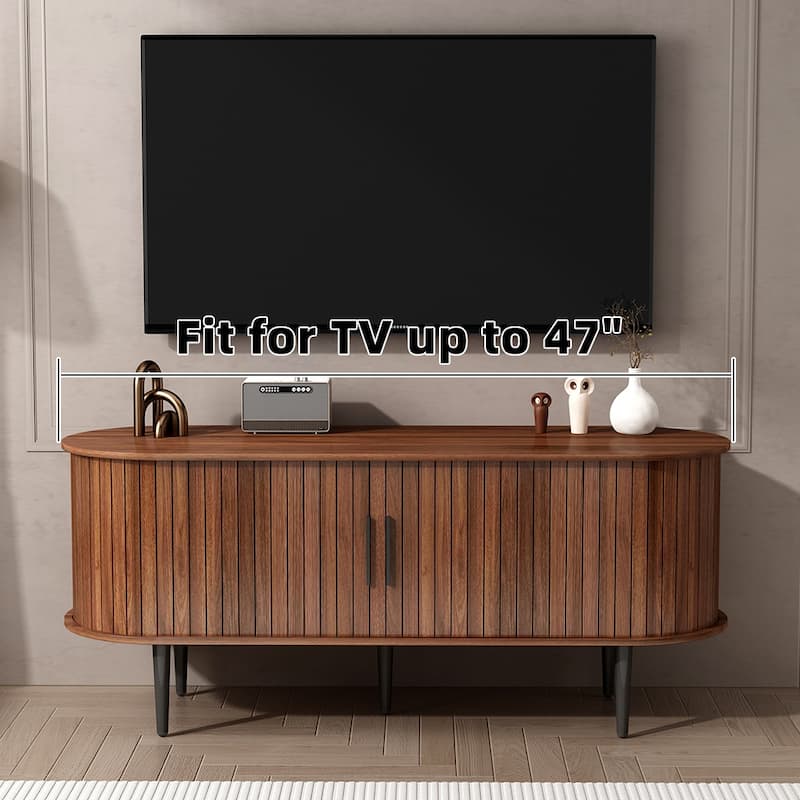 Modern Tv Stand With Storage Compartments And Sliding Doors - Gaming Entertainment Center Featuring Cabinets