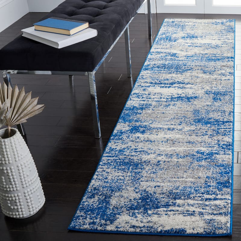 SAFAVIEH, Evoke Yukako Modern Abstract Distressed Rug - 2'2" x 9' Runner - Dark Blue/Grey