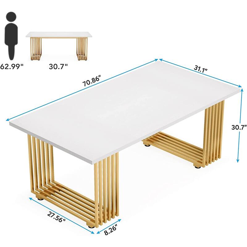 70.9" Modern Office Desk, White Executive Desk with Gold Metal Frame