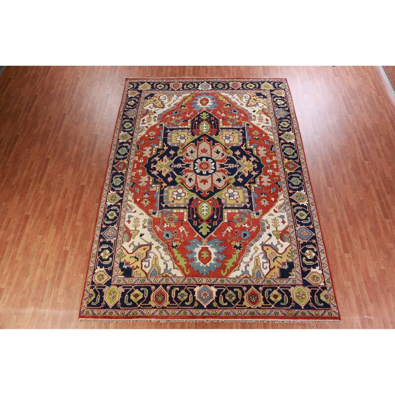 Hand Knotted Oriental 100% Wool Carpet Traditional Medallion Oranges & Rust Heriz (serapi) Area Rug - 13' 10'' X 9' 9''