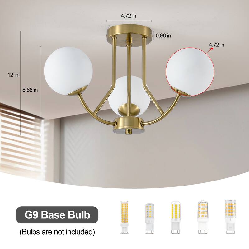 3 - Light 12'' Modern Sputnik Globe Glass Semi Flush Mount Light