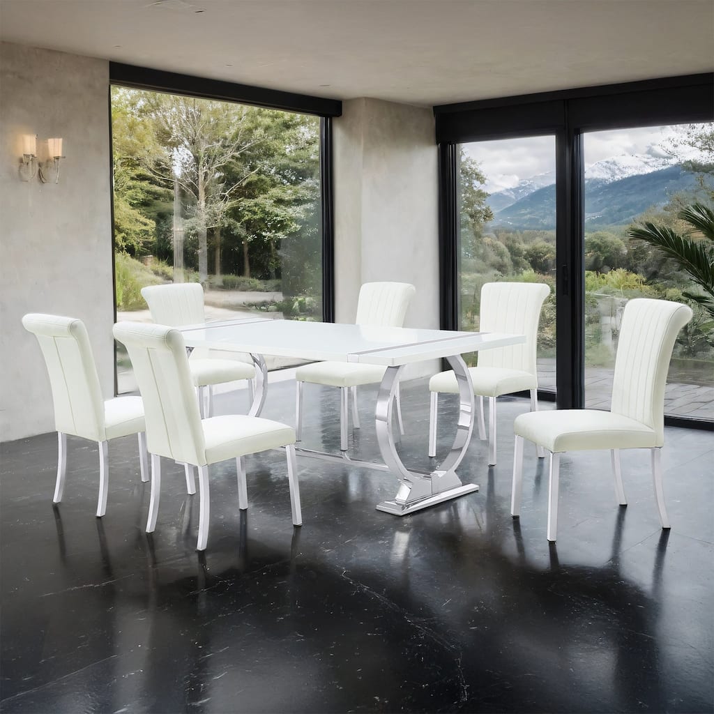 Silver White Finish 7pc Elegant Dining Set Trestle Base Table and Side Chairs