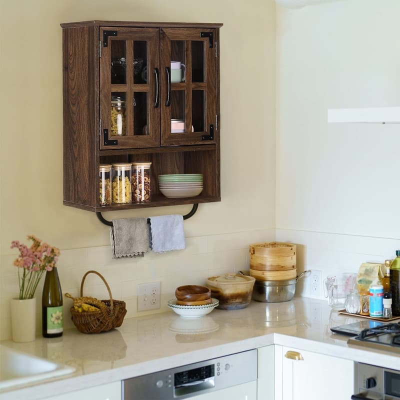 Wood Wall Storage Cabinet with Cross Glass Doors - 8.27"D x 19.3"W x 26.3"H