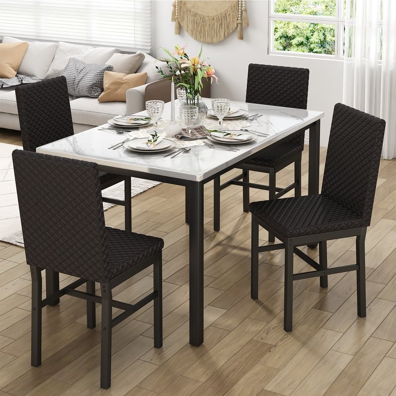 Grondin 5-Piece Dining Room Table Set with Faux Marble Table Top and Diamond Stitching Velvet Upholstery Dining Chairs