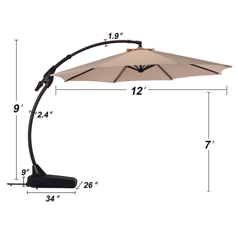 Clihome Aluminum Curved Cantilever Patio Umbrella with Base - 12ft Beige