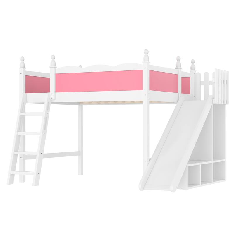 Full Loft Bed with Storage Shelves and Cabinet, Solid Wood Loft Beds with Detachable Slide and Ladders, No Spring Box Needed