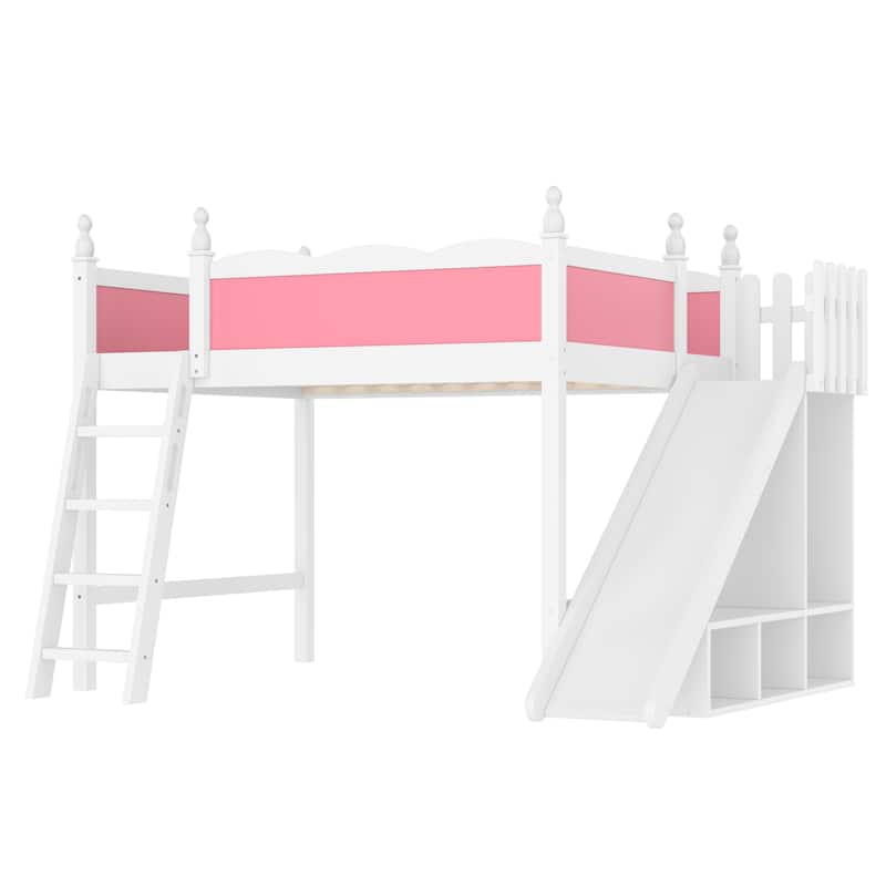 Queen/Full Size Solid Wood Loft Bed with Slide, Storage Shelves, Cabinet, Ladder & Play Area, No Box Spring Needed