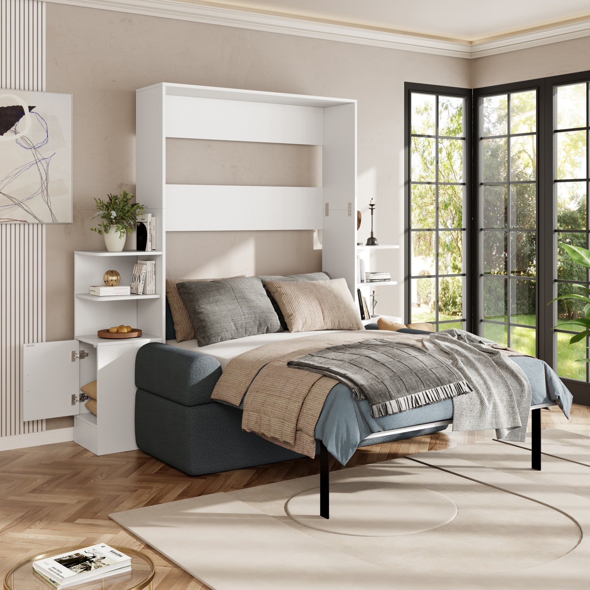 Roomfitters Queen Size Murphy Wall Bed with Sofa and Storage Shelves