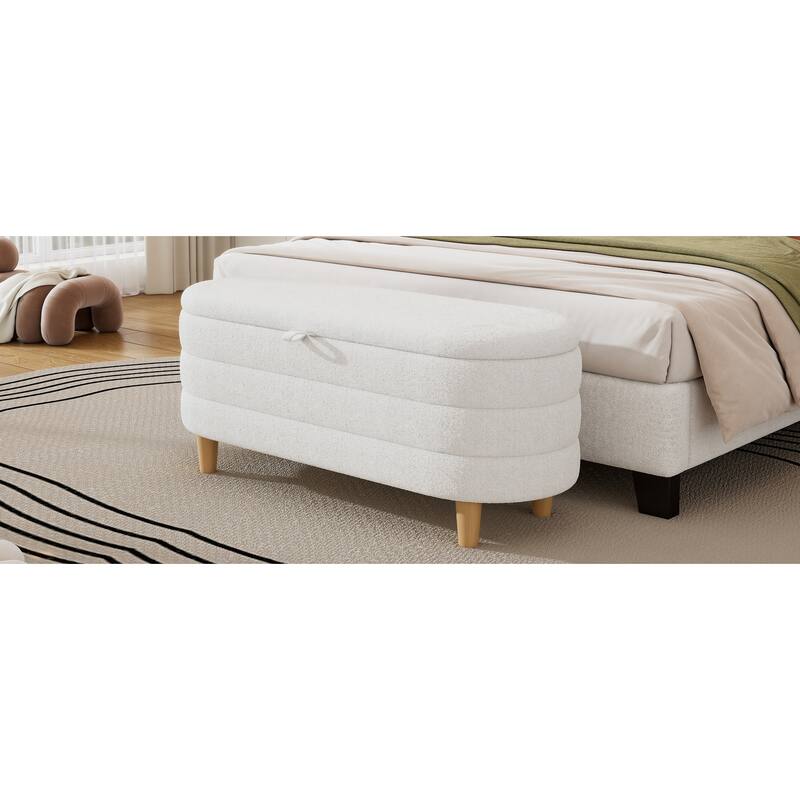 Elegant Upholstered Sherpa Fabric Storage Ottoman with Wood Legs, Storage Bench for Bedroom, Living Room, White