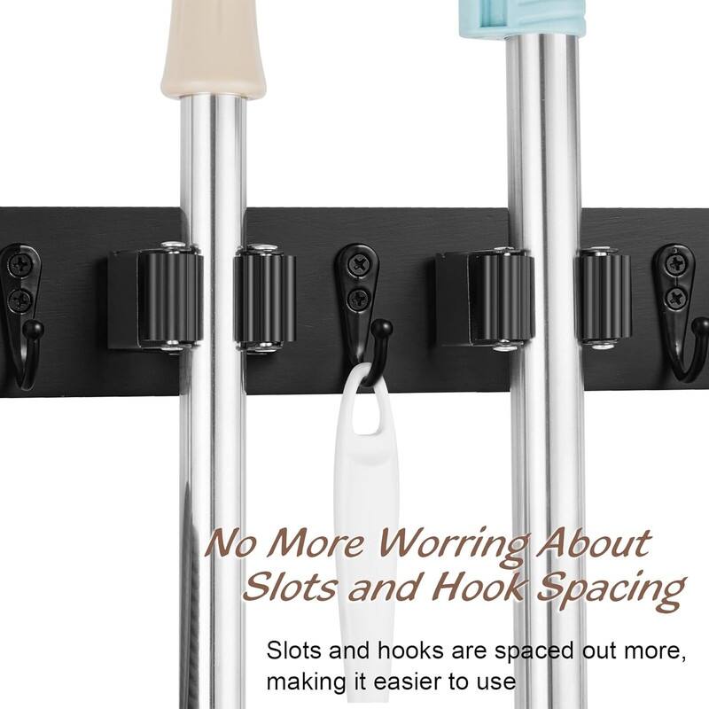 Wood Mop Broom Holder Wall Mount with 4 Slots & 4 Hooks - 1 Pack