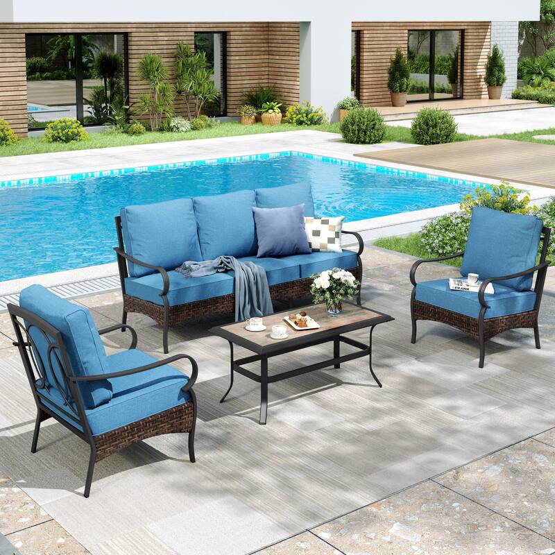 MAISON ARTS 4-Piece Rattan Wicker Patio Furniture Set with Swivel Chairs and Coffee Table for Outdoor Spaces - Fixed Chair - Denim Blue