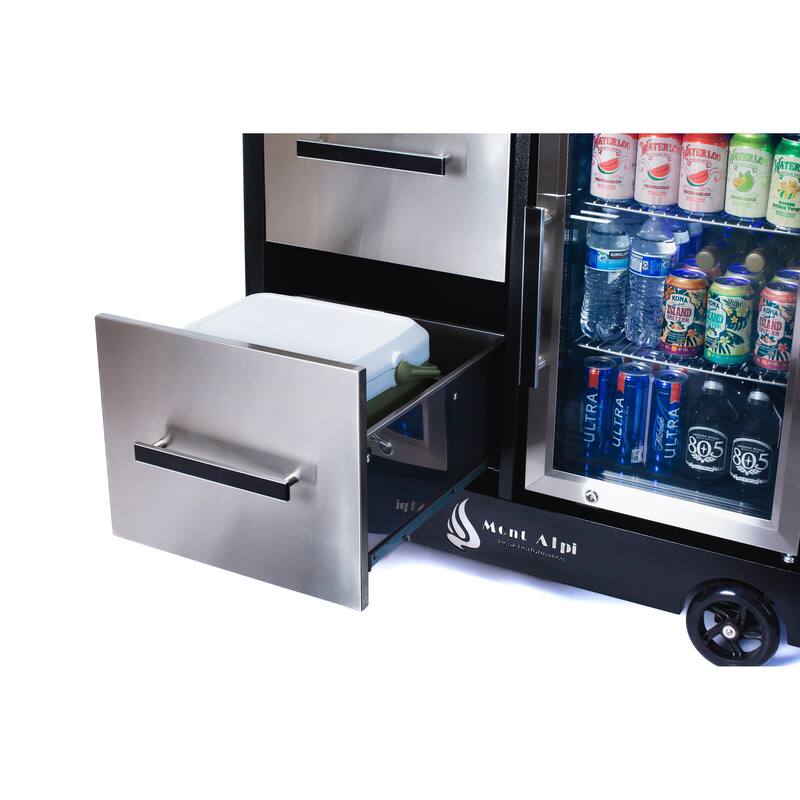 Mont Alpi MAPCL Outdoor Movable Food Prep and Pizza Oven Table BBQ Patio Grill Bar Kitchen Cart Stand with Refrigerator + Cooler