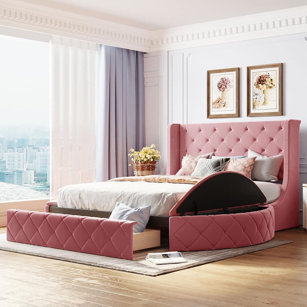 Queen Size Upholstered Platform Bed with Wingback Headboard, Storage Drawer, and Side Stools in Velvet