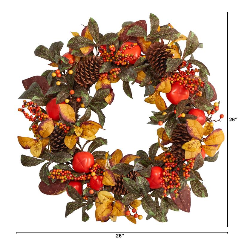 Persimmon and Pinecones Artificial Fall Harvest Wreath, 24-Inch, Unlit