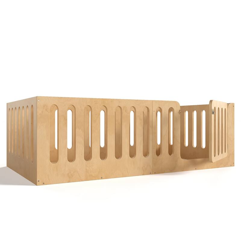 Toddlers Montessori Floor Bed with High Fence, Door, Low Profile Platform Bed Frame for Kids with No Box Spring Needed, No Slats