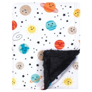Hudson Baby Plush Blanket with Furry Binding and Back, Happy Planets, One Size - Happy Planets - One Size