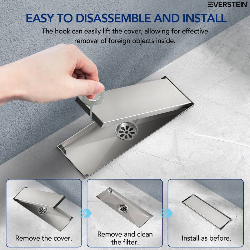 12-inch Linear Shower Drain With Solid Cover in Stainless Steel