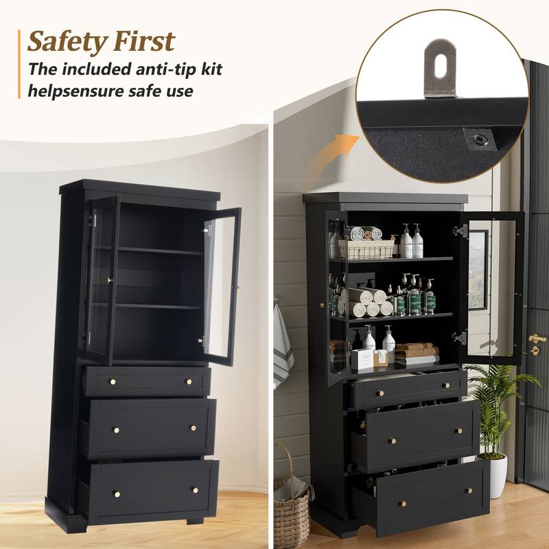 70.1" Tall Bathroom Floor Storage Cabinet, Freestanding Cabinet with Soft Close Glass Doors, Adjustable Shelves