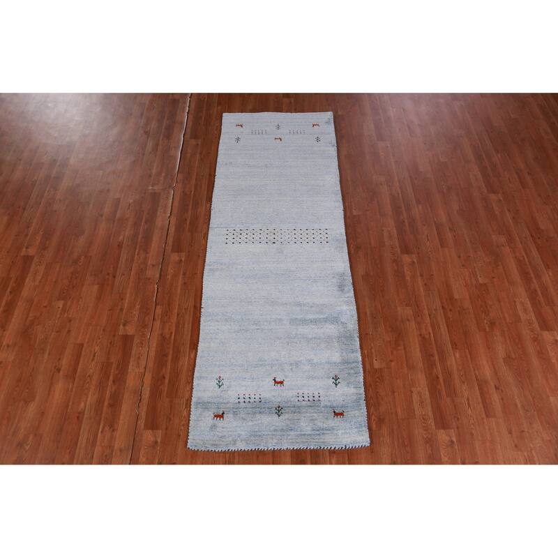 Hand Knotted Oriental 100% Wool Carpet Tribal Animal Pictorial Navy Blue & Blues Gabbeh Runner Rug - 7' 10'' X 2' 9''