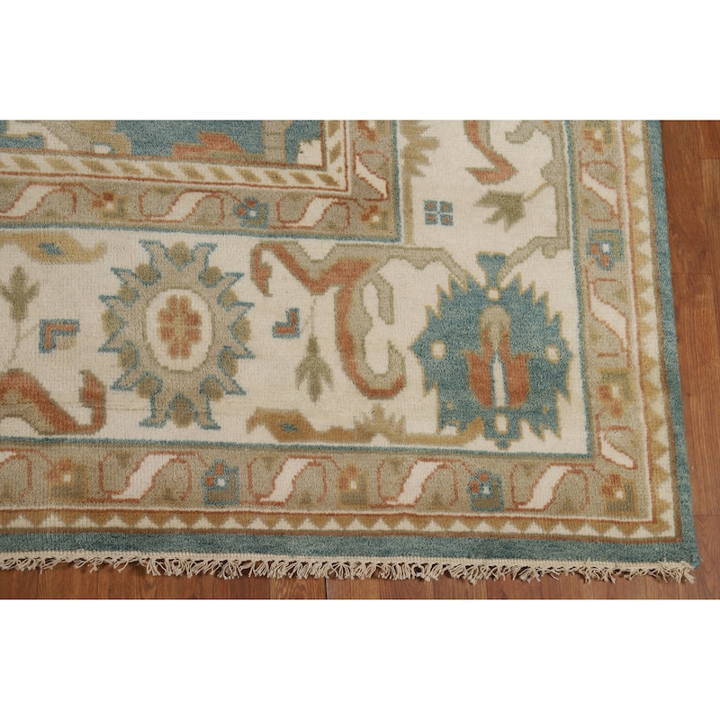 Floral Blue Oushak Style Area Rug Handmade Wool Carpet - 9'0" x 11'10"