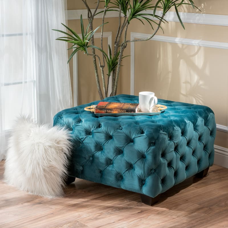 Velvet Ottoman - Teal Button-Tufted Diamond Stitch, 29" Square Modern Glam Footstool with Polyester Upholstery