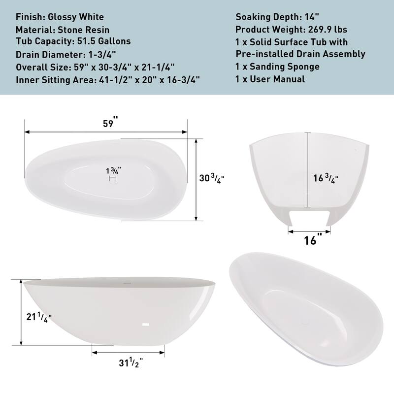 ABRUZZO 59" x 31" Freestanding Solid Surface Soaking Bathtub with Overflow and Drain in Glossy White