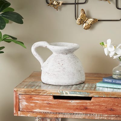 Cream Ceramic Antique Style Textured Pot Decorative Vase with Handle