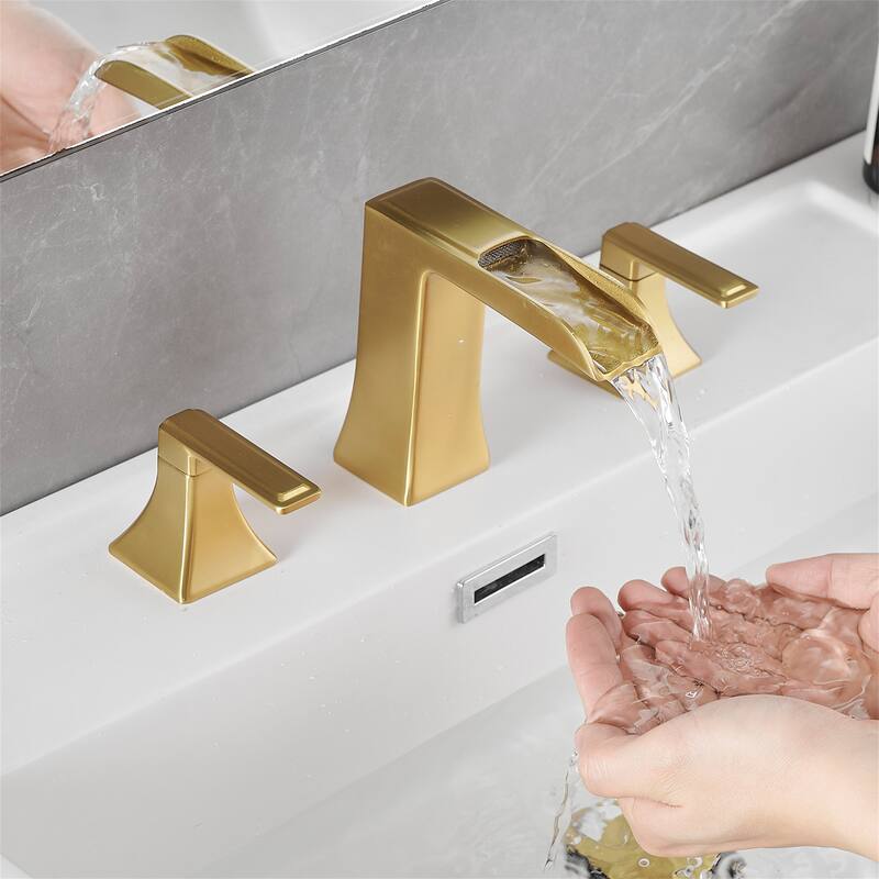 Waterfall 8 Inch Widespread Bathroom Faucet with Pop-up Drain Kit Brass Double Handle Modern Bathroom Sink Vanity Taps