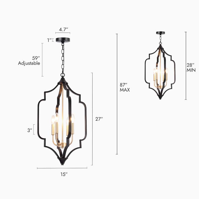 Modern 4-Light Black Gold Chandelier Metal Cage Candle Pendant Lights for Dining Room - 15" L x 15" W x 27" H