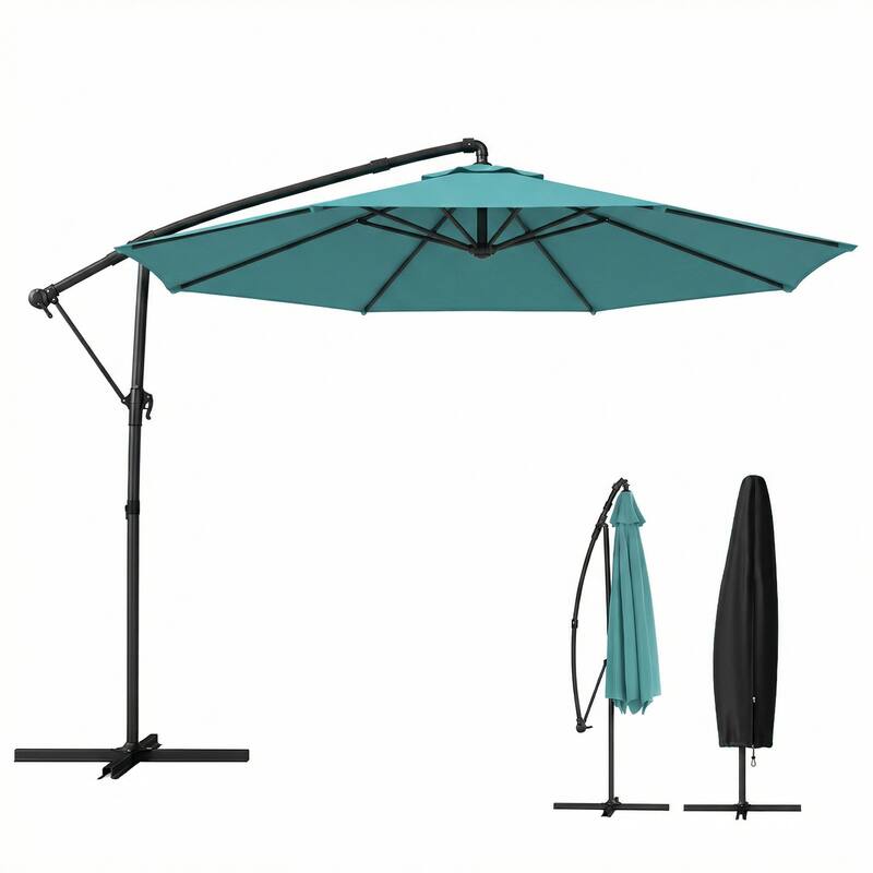 Outsunny 10 ft Offset Patio Umbrella with Cover, Round Hanging Cantilever Umbrella with 6-Position 360° Rotation, Sky Blue