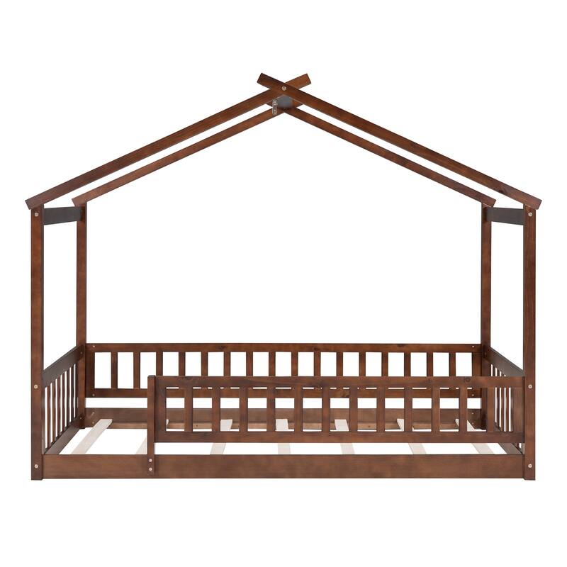 Twin Size Wooden House Bed Frame with Fence for Kids and Teens, Playhouse Design in Walnut