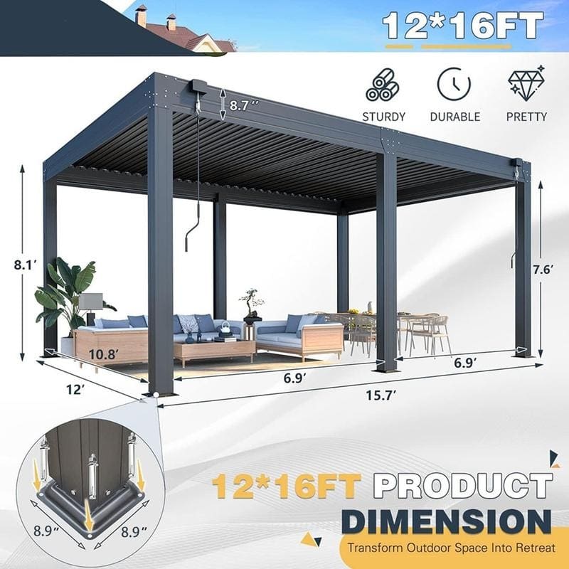 EROMMY Outdoor Louvered Pergola Gazebo with Adjustable Aluminum Rainproof Roof and Pull-Down Screen