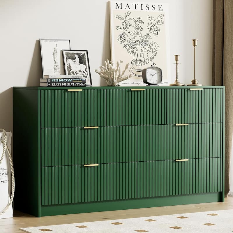 7 Drawer Dresser Fluted Wood Clothes Storage Cabinet, Modern Wide Dresser for Bedroom - Green