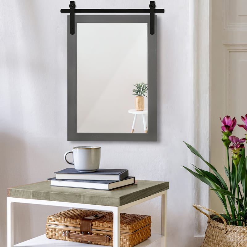 Rustic Farmhouse Mirror Vanity Mirror Solid Wood Frame with Metal Barn Style Mirror - 18W * 26H Inches - Grey