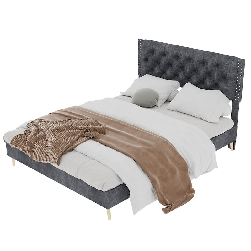 Queen Size Platform Bed Frame with Upholstered Headboard