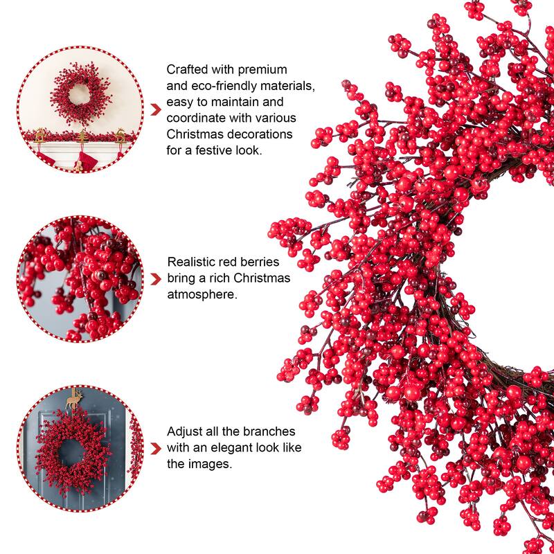 Glitzhome Christmas Red Berries 14"D/ 25"D Wreath & 6ft Garland